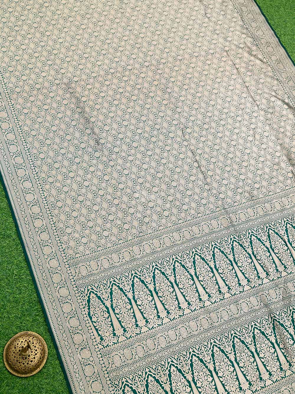 Bottle Green Katan Silk Brocade Handloom Banarasi Saree - Sacred Weaves