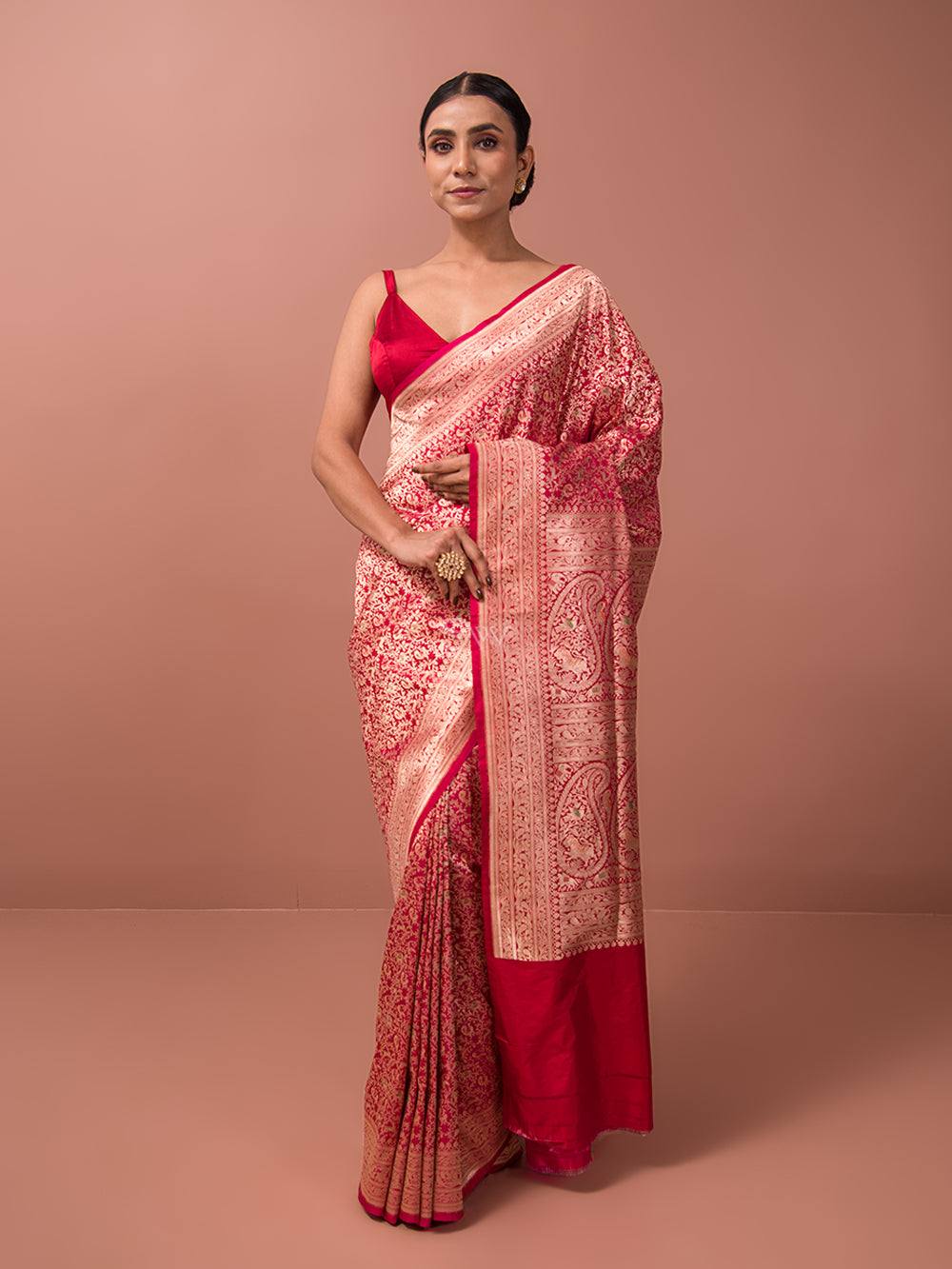 Red Shikargah Katan Silk Handloom Banarasi Saree - Sacred Weaves