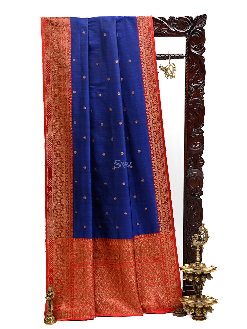 Blue Booti Dupion Silk Handloom Banarasi Saree - Sacred Weaves