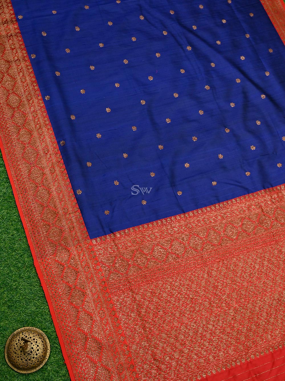Blue Booti Dupion Silk Handloom Banarasi Saree - Sacred Weaves