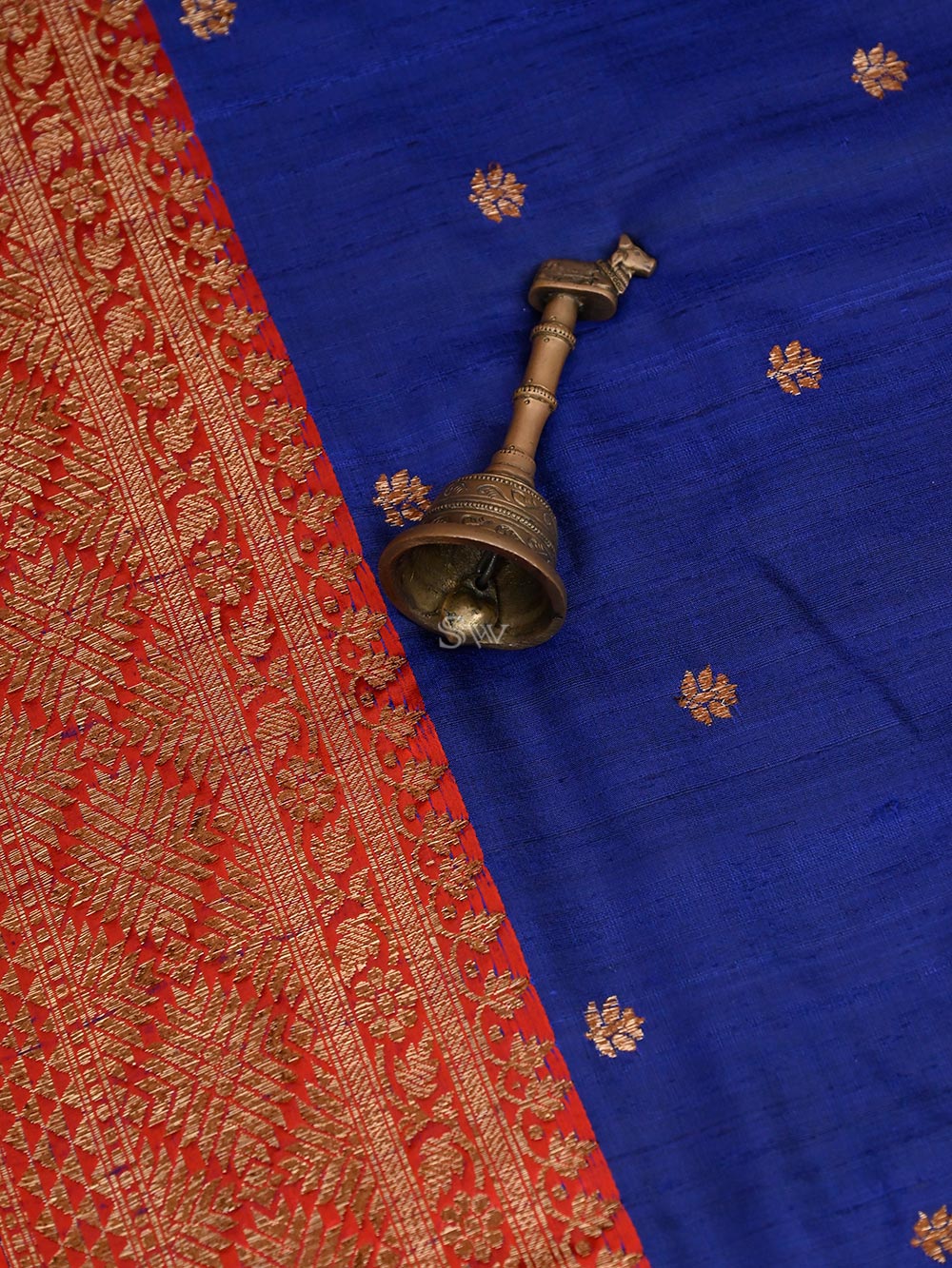 Blue Booti Dupion Silk Handloom Banarasi Saree - Sacred Weaves