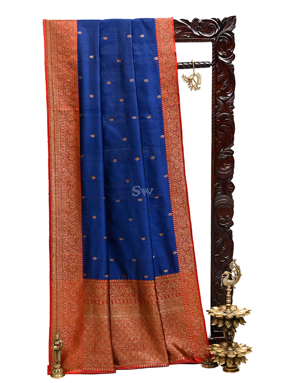 Midnight Blue Booti Dupion Silk Handloom Banarasi Saree - Sacred Weaves