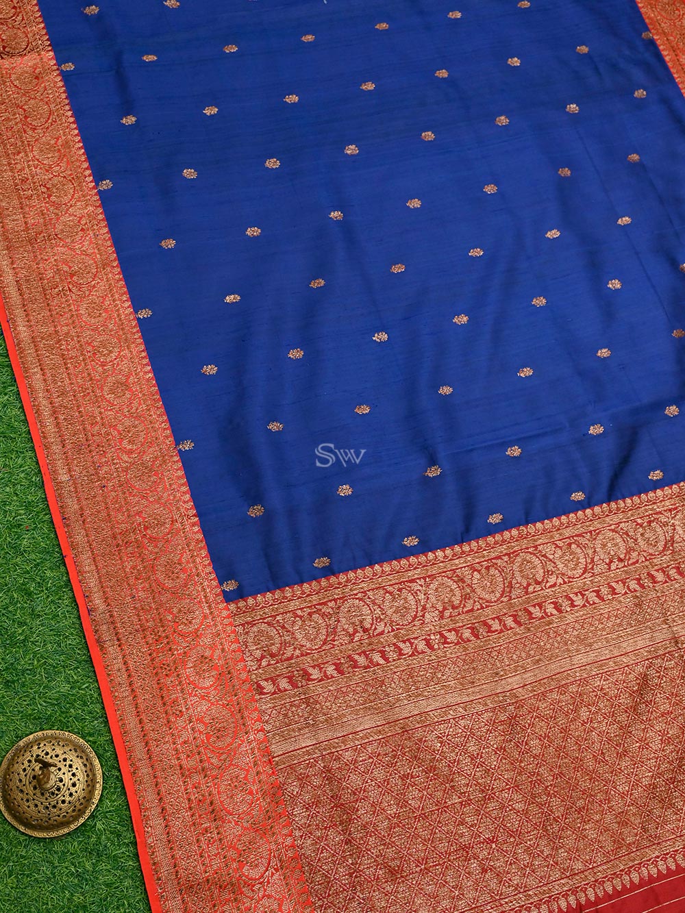 Midnight Blue Booti Dupion Silk Handloom Banarasi Saree - Sacred Weaves