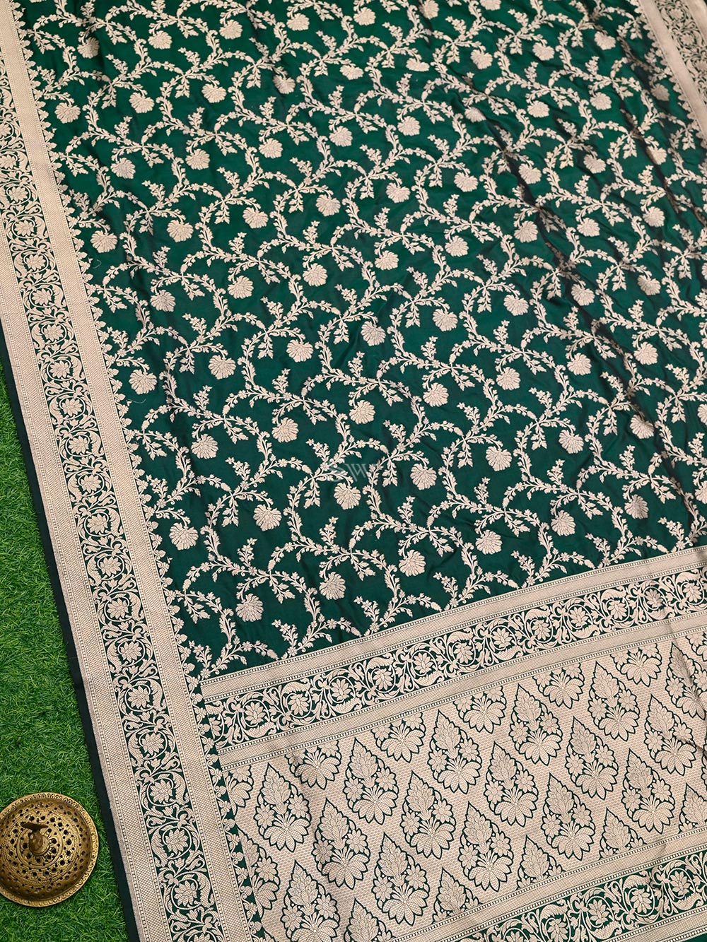 Dark Green Uppada Katan Silk Handloom Banarasi Saree - Sacred Weaves