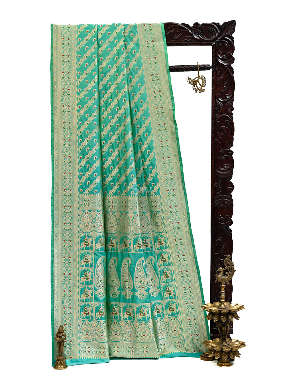 Sea Green Shikargah Katan Silk Handloom Banarasi Saree - Sacred Weaves