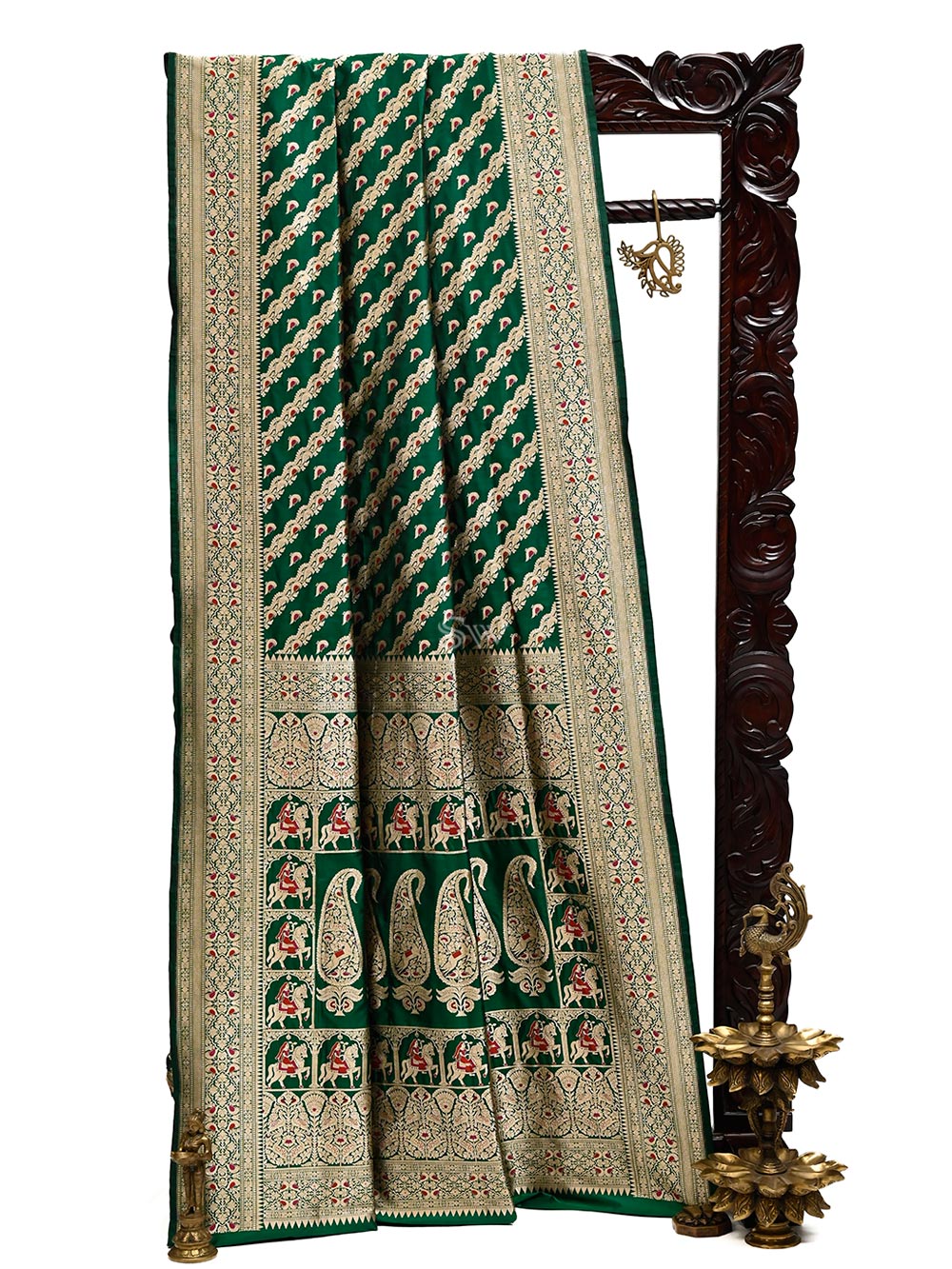 Bottle Green Shikargah Katan Silk Handloom Banarasi Saree - Sacred Weaves