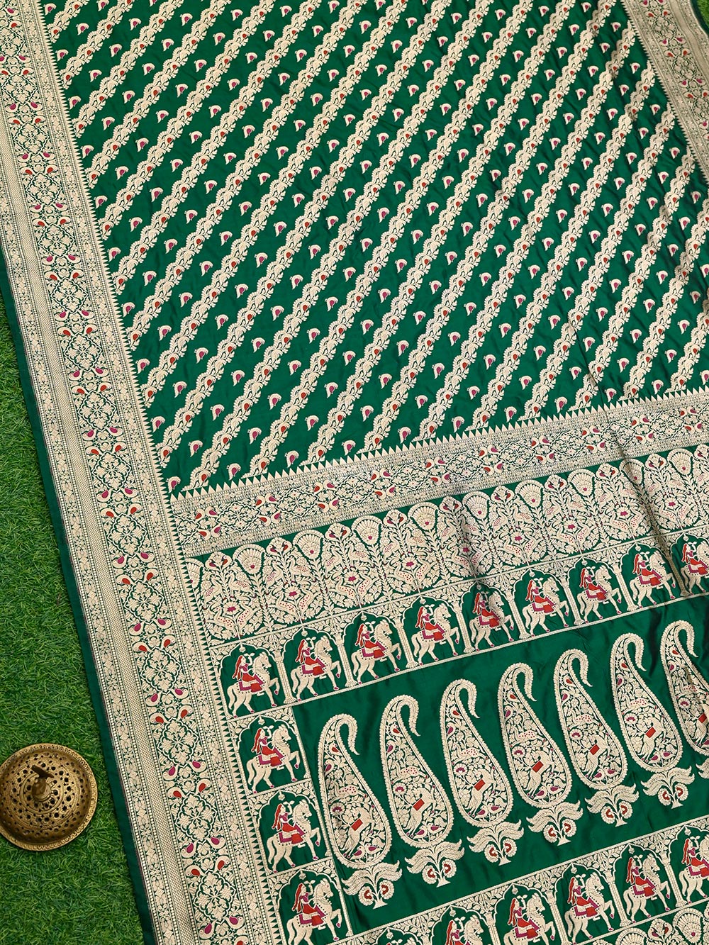 Bottle Green Shikargah Katan Silk Handloom Banarasi Saree - Sacred Weaves