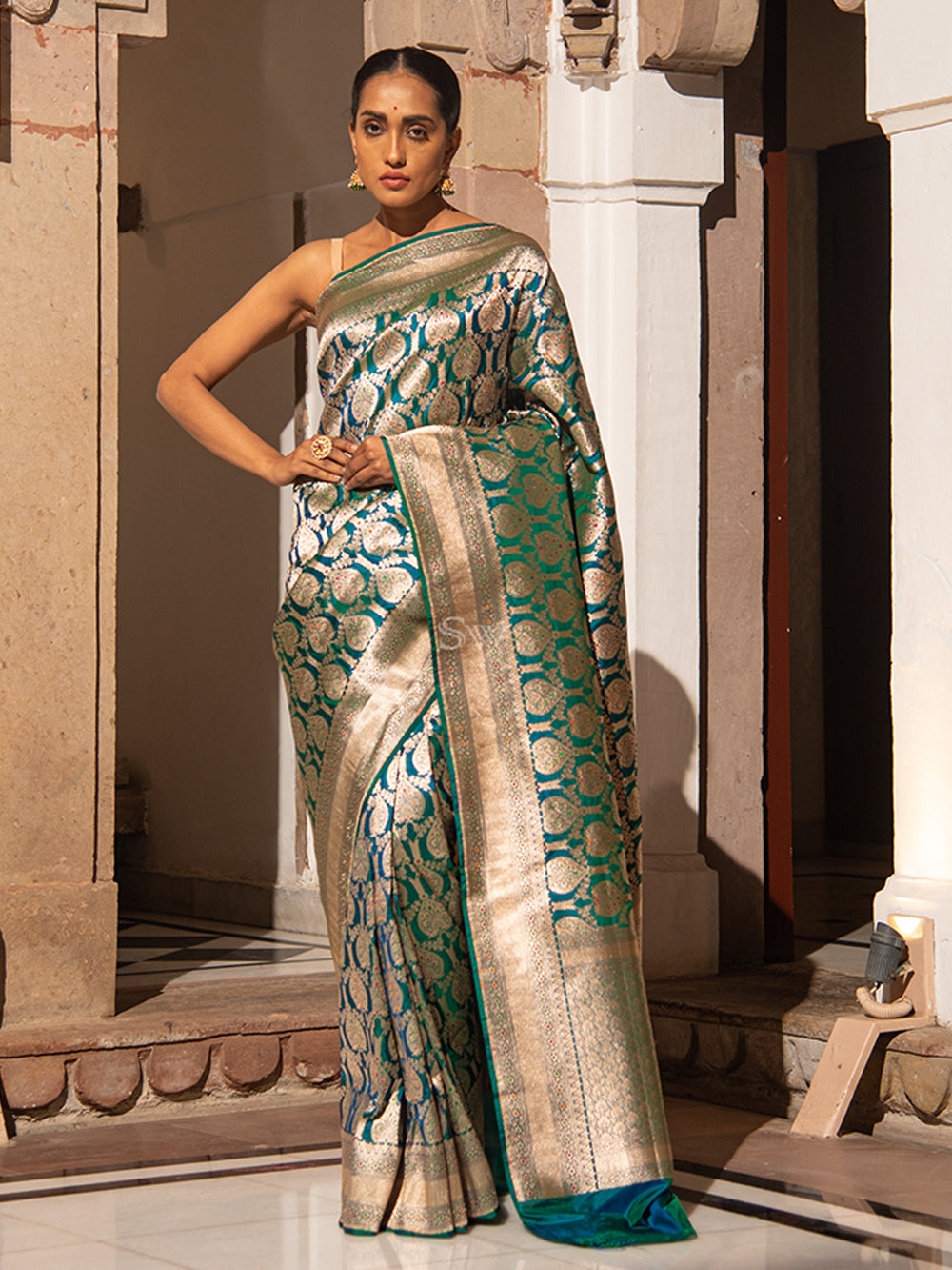 Peacock Green Meenakari Uppada Katan Silk Handloom Banarasi Saree - Sacred Weaves