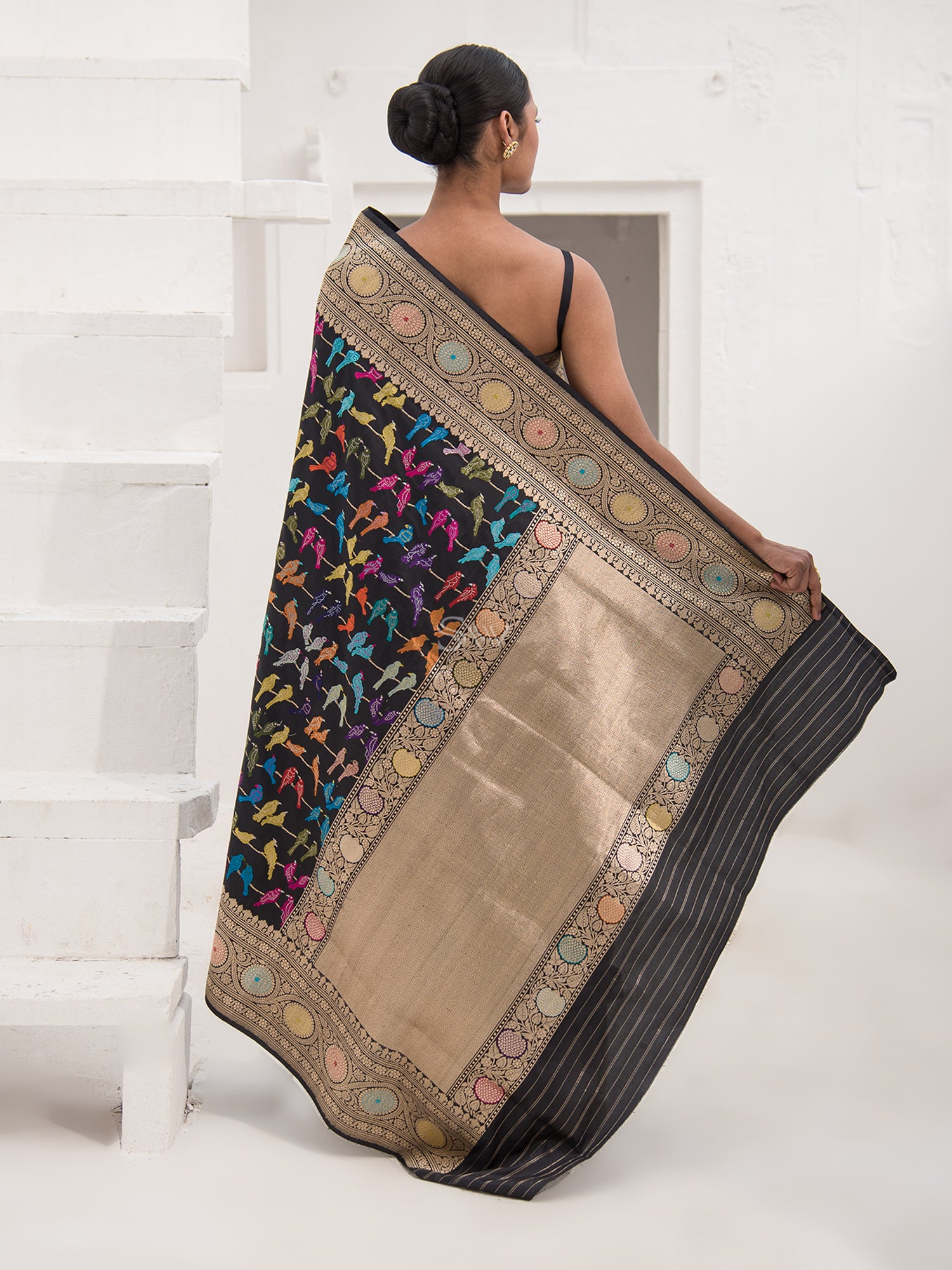 Black Meenakari Shikargah Katan Silk Handloom Banarasi Saree - Sacred Weaves