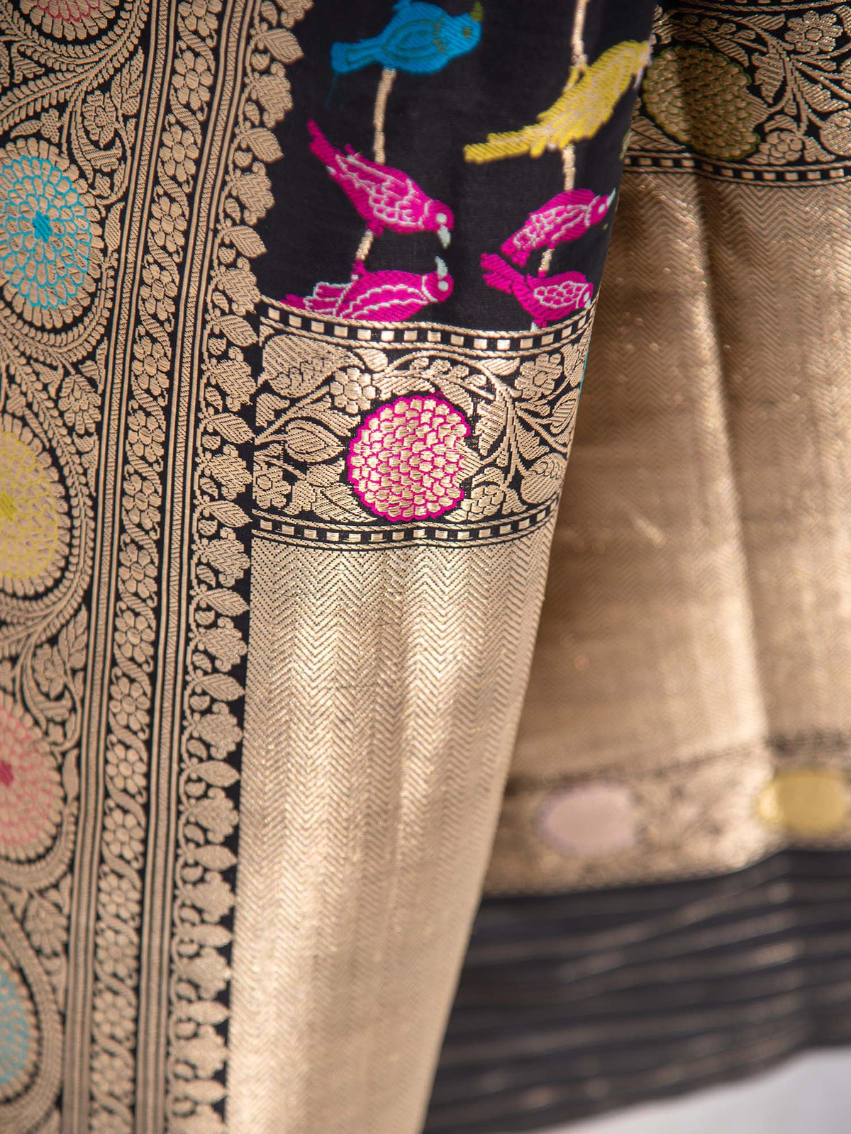 Black Meenakari Shikargah Katan Silk Handloom Banarasi Saree - Sacred Weaves