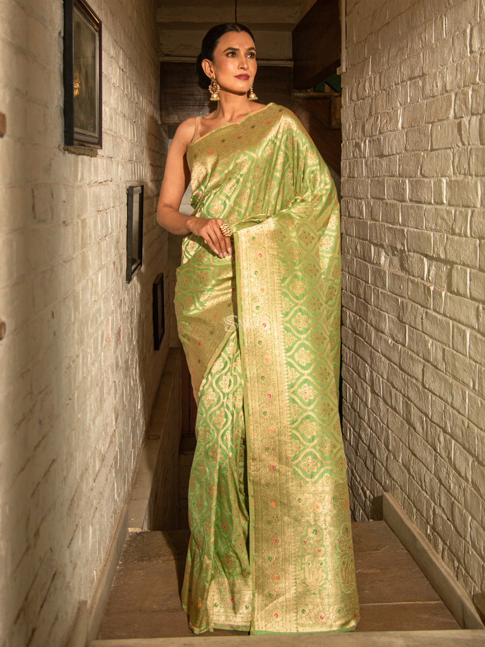 Lime Green Meenakari Uppada Katan Silk Handloom Banarasi Saree - Sacred Weaves