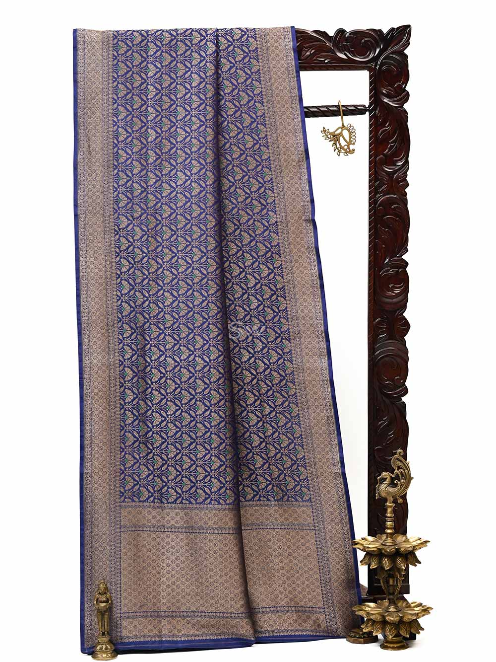 Navy Blue Katan Silk Brocade Handloom Banarasi Saree - Sacred Weaves
