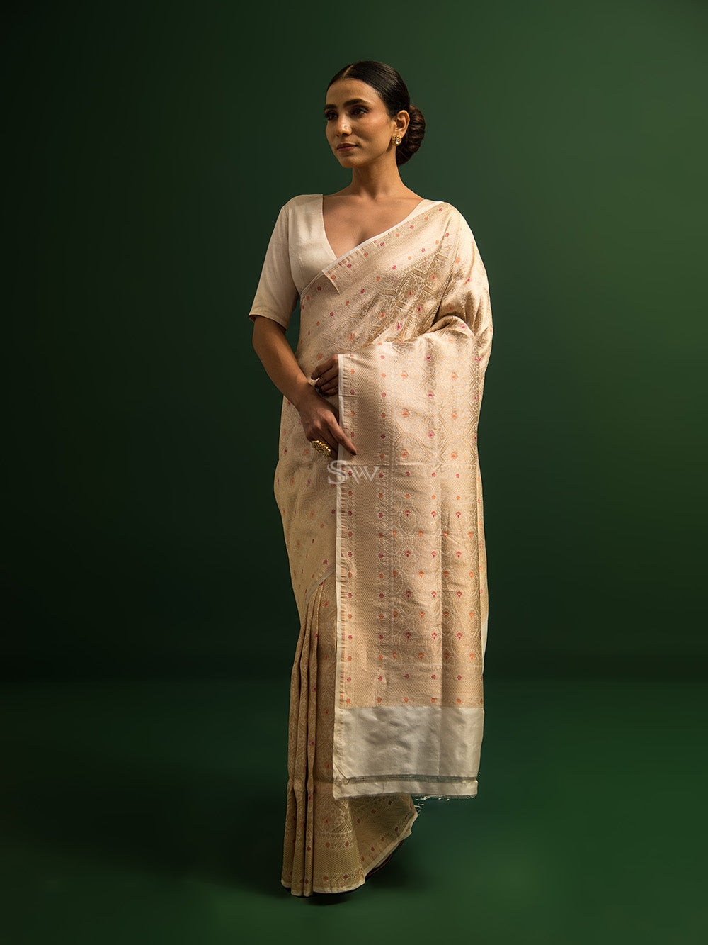 Off White Brocade Katan Silk Handloom Banarasi Saree - Sacred Weaves