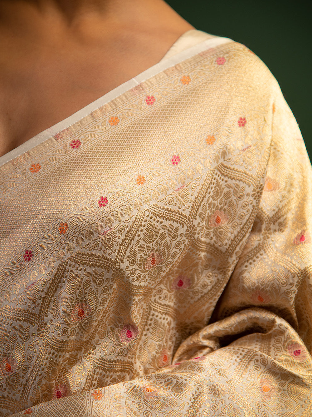 Off White Brocade Katan Silk Handloom Banarasi Saree - Sacred Weaves