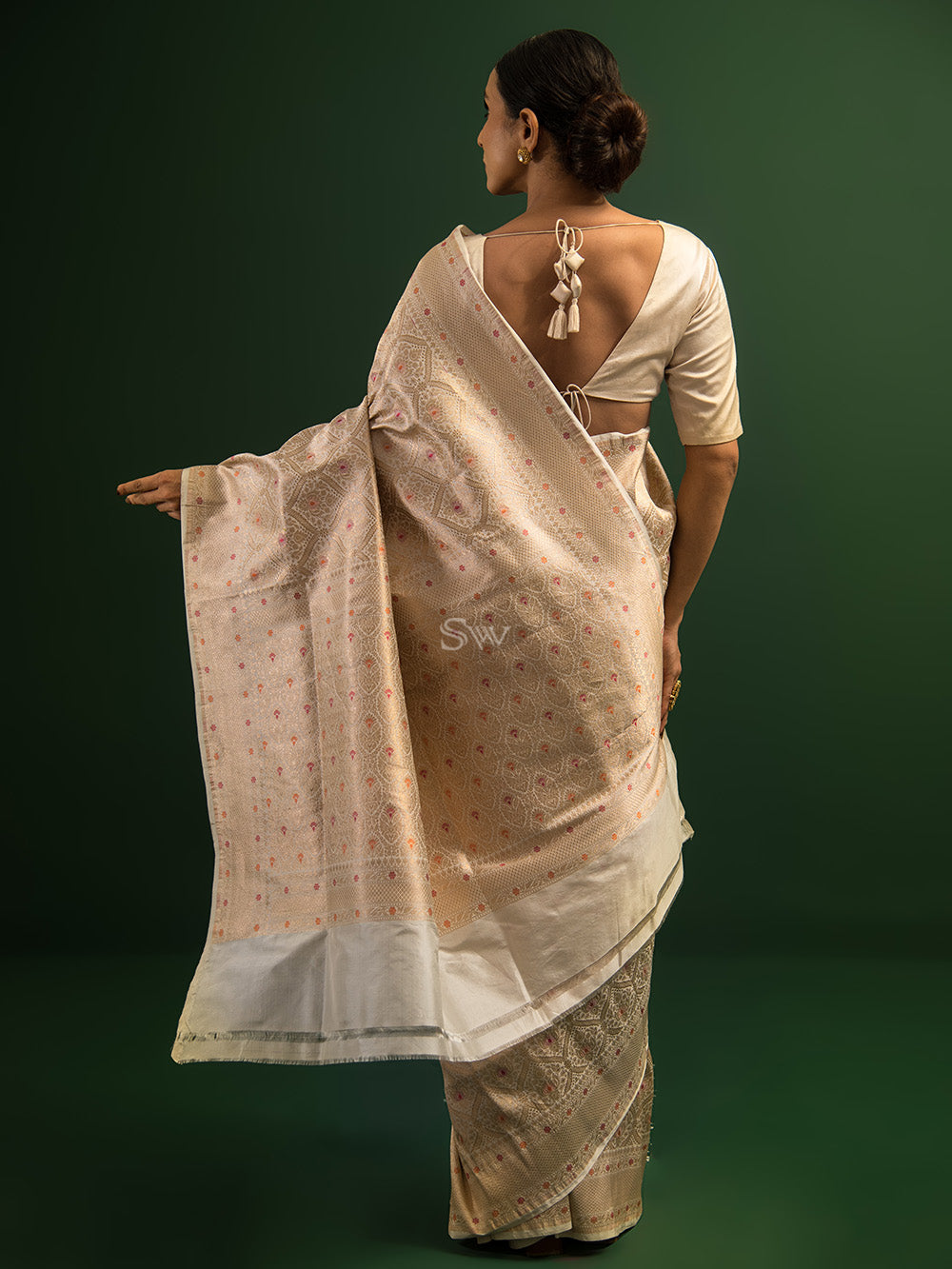 Off White Brocade Katan Silk Handloom Banarasi Saree - Sacred Weaves