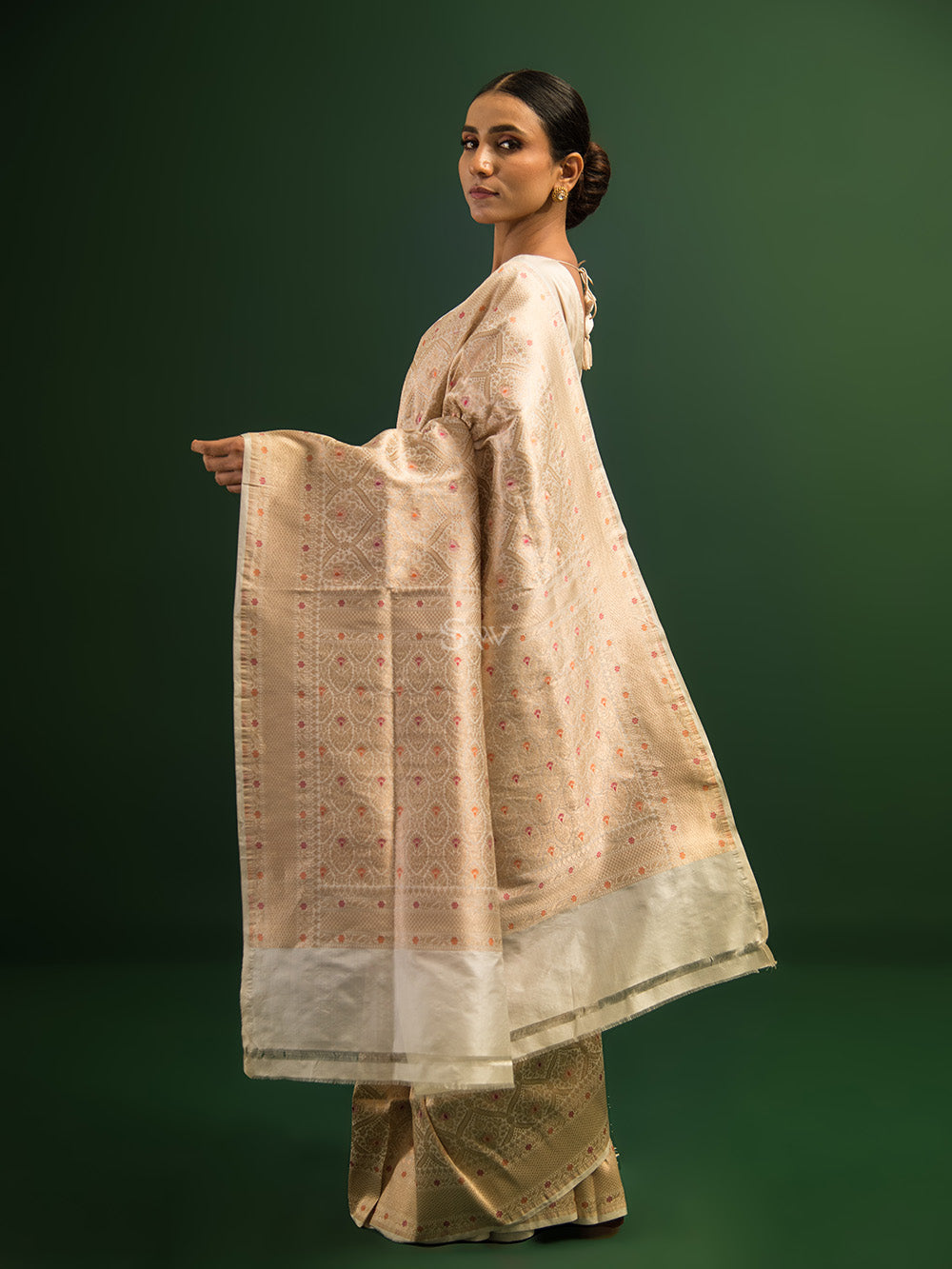Off White Brocade Katan Silk Handloom Banarasi Saree - Sacred Weaves