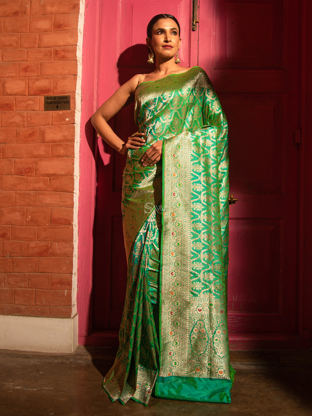 Sea Green Meenakari Uppada Katan Silk Handloom Banarasi Saree - Sacred Weaves