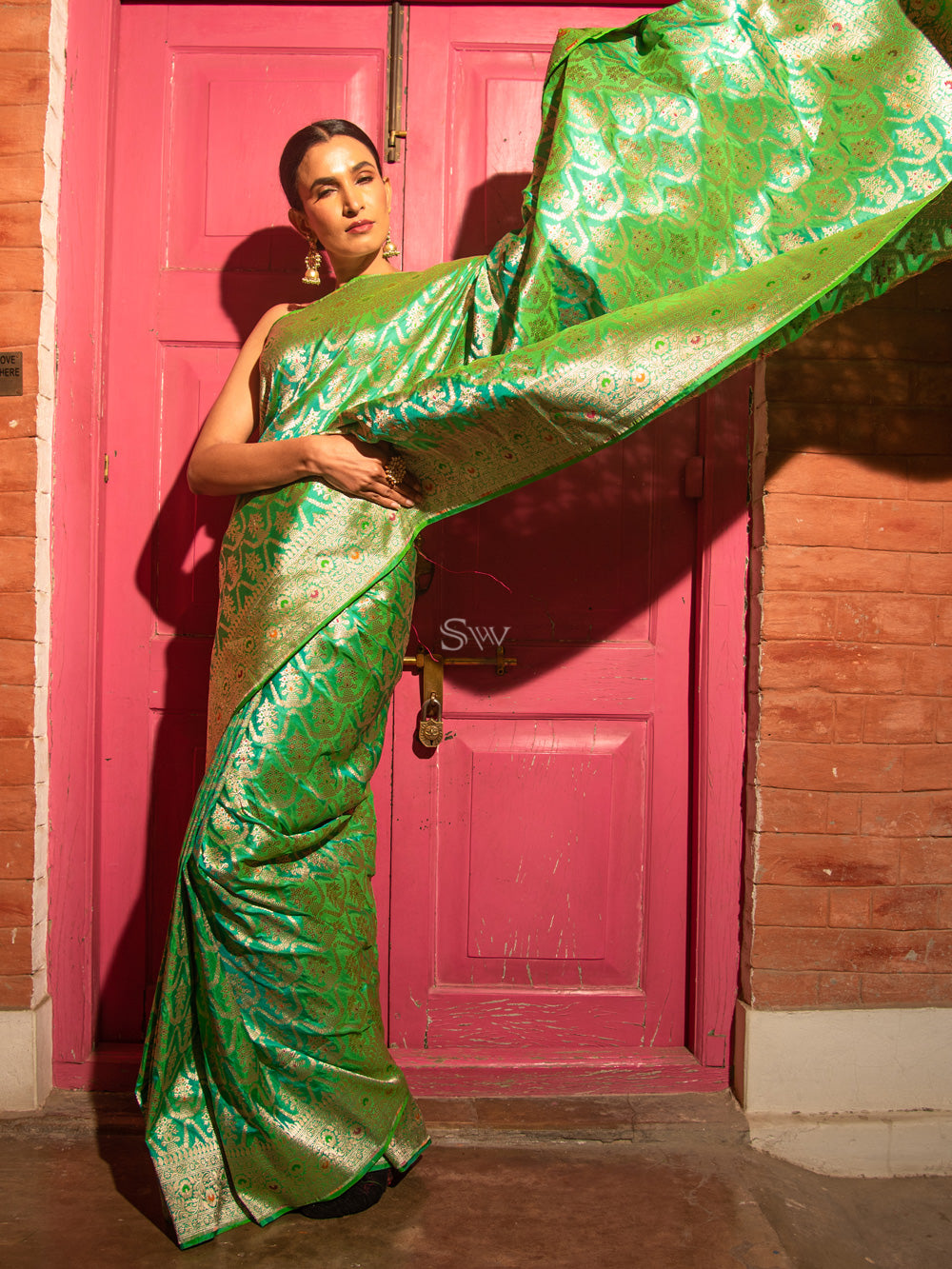 Sea Green Meenakari Uppada Katan Silk Handloom Banarasi Saree - Sacred Weaves