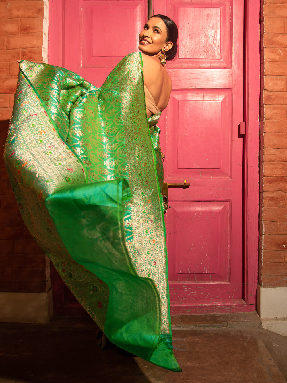 Sea Green Meenakari Uppada Katan Silk Handloom Banarasi Saree - Sacred Weaves