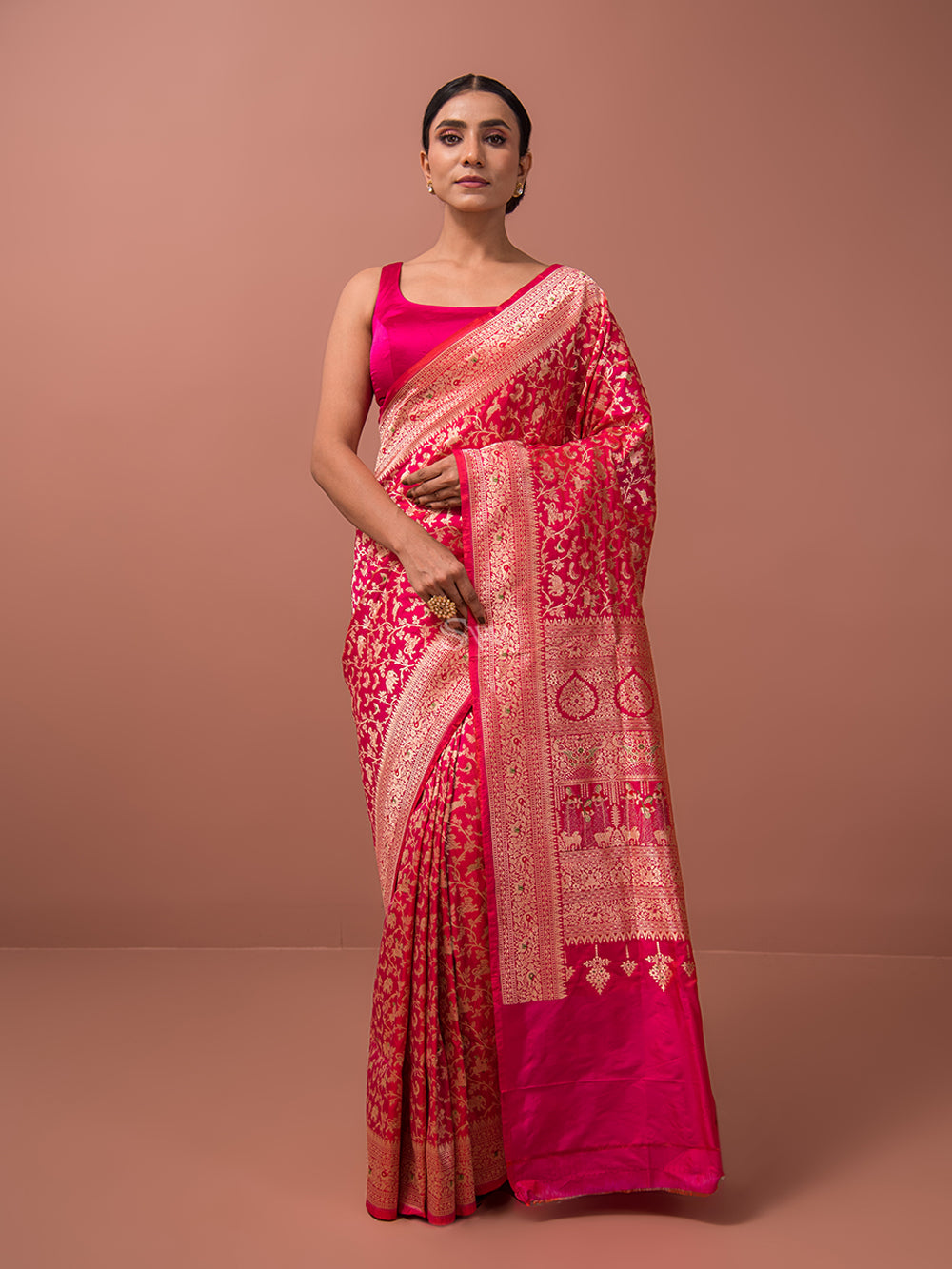 Pink Orange Shikargah Katan Silk Handloom Banarasi Saree - Sacred Weaves