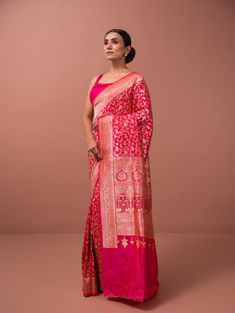 Pink Orange Shikargah Katan Silk Handloom Banarasi Saree - Sacred Weaves