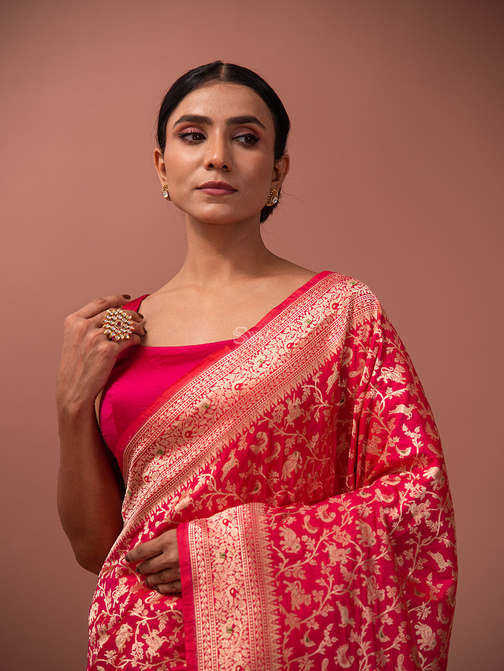 Pink Orange Shikargah Katan Silk Handloom Banarasi Saree - Sacred Weaves
