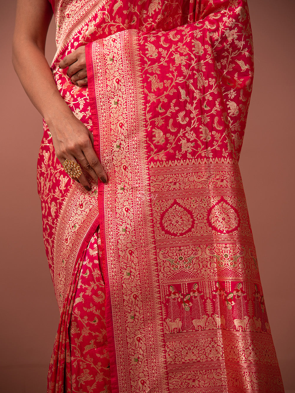 Pink Orange Shikargah Katan Silk Handloom Banarasi Saree - Sacred Weaves