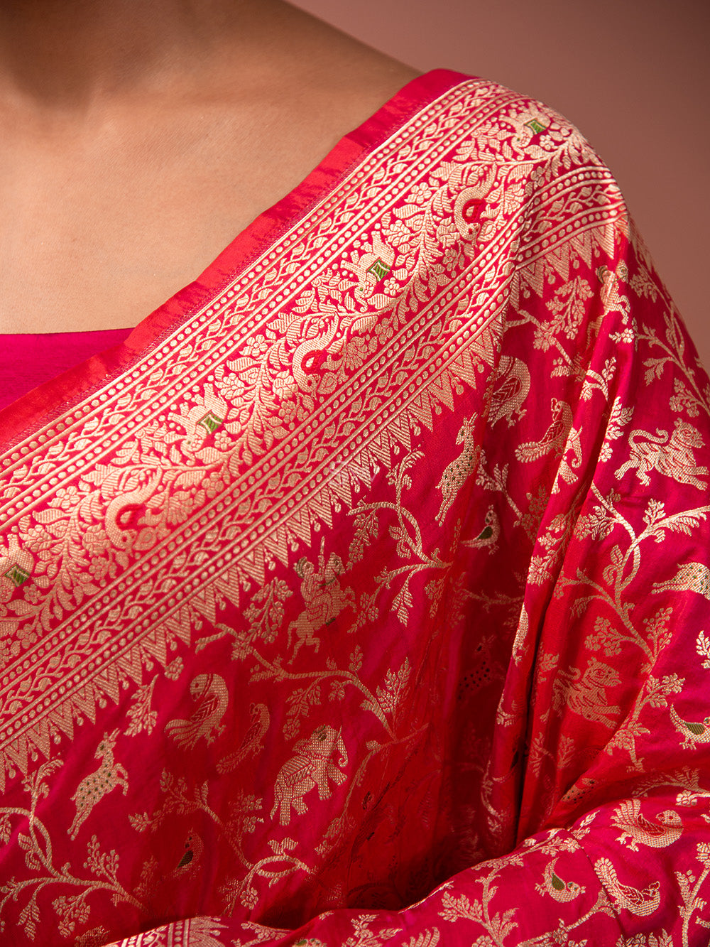 Pink Orange Shikargah Katan Silk Handloom Banarasi Saree - Sacred Weaves