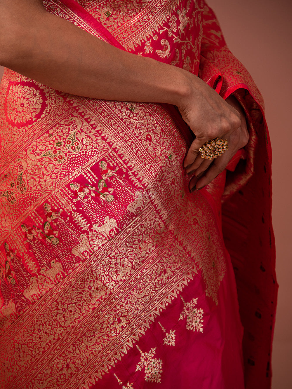 Pink Orange Shikargah Katan Silk Handloom Banarasi Saree - Sacred Weaves