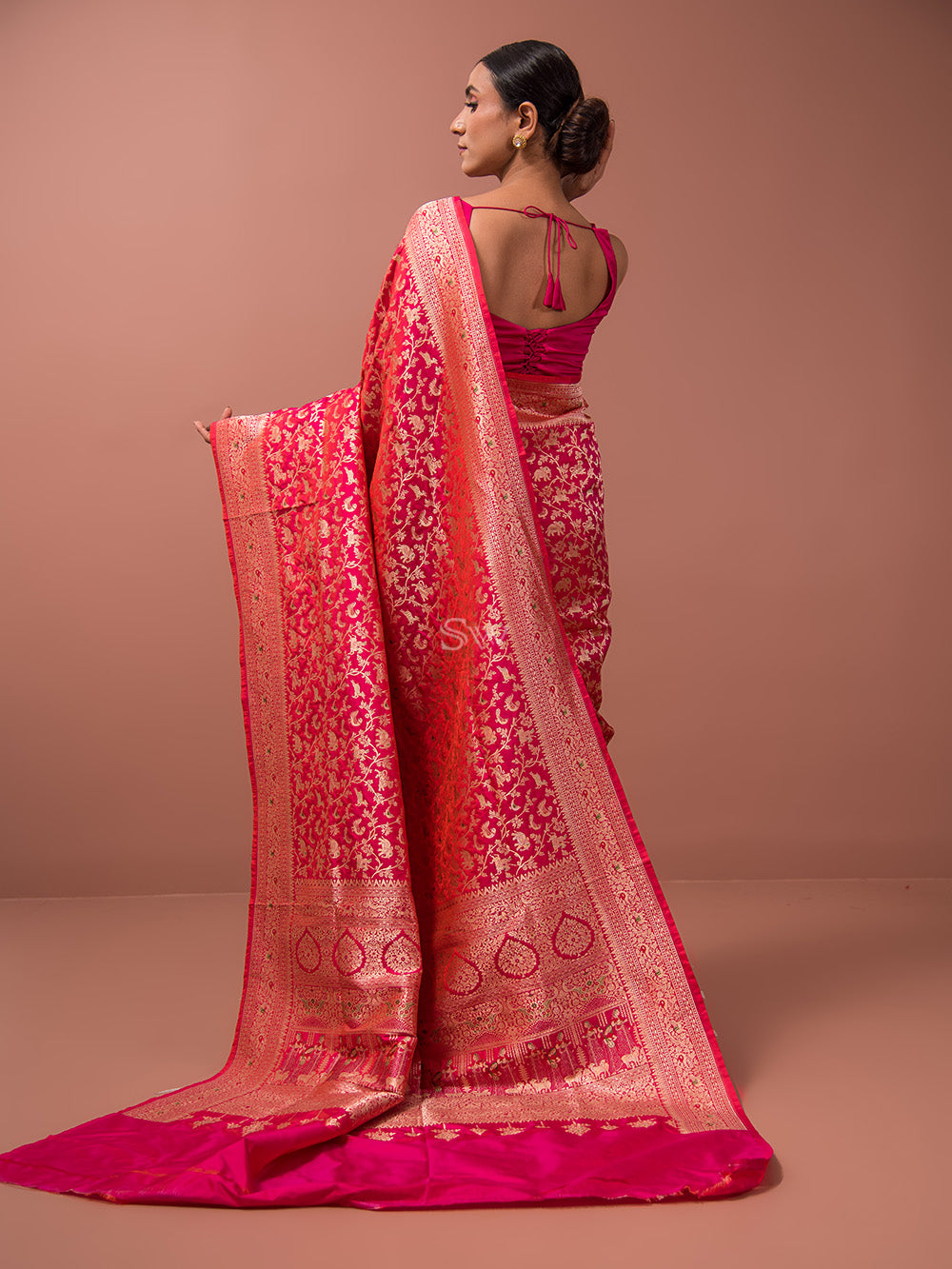 Pink Orange Shikargah Katan Silk Handloom Banarasi Saree - Sacred Weaves