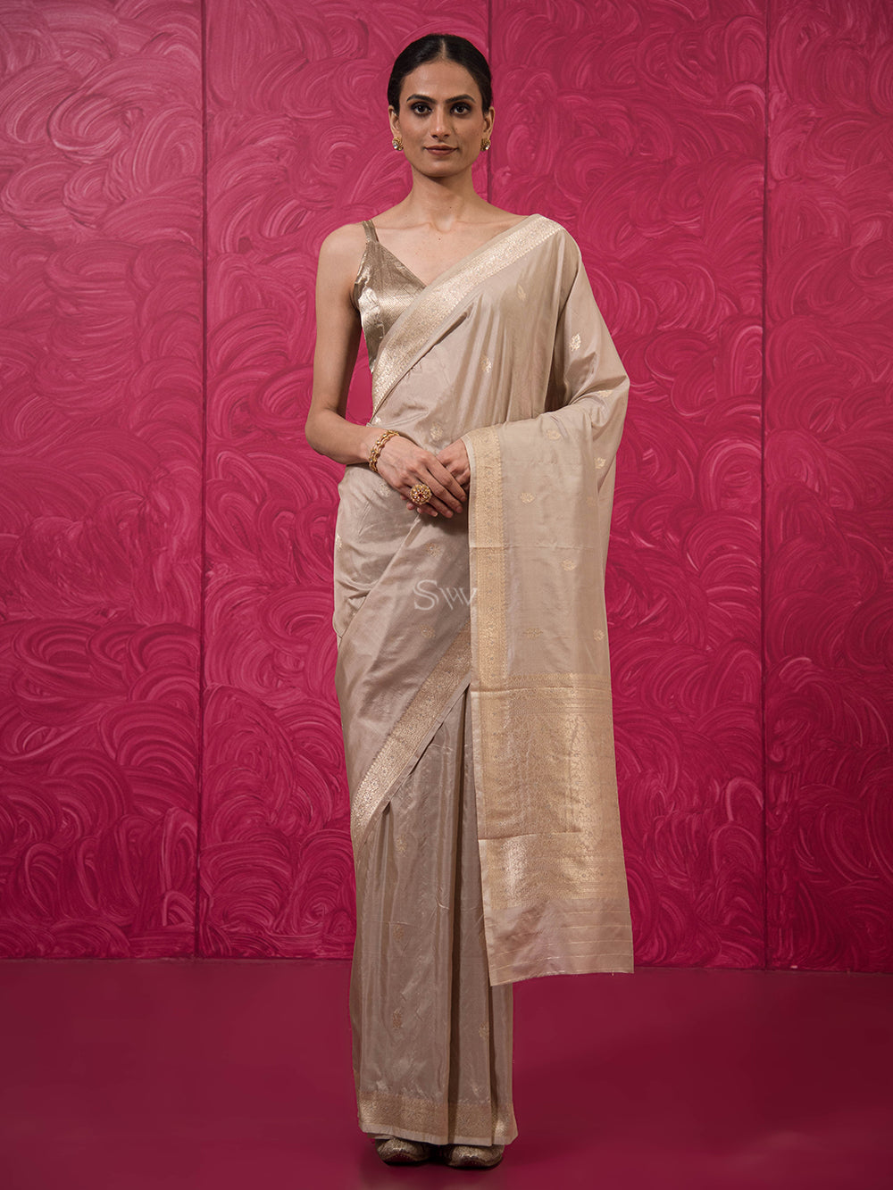 Beige Booti Katan Silk Handloom Banarasi Saree - Sacred Weaves