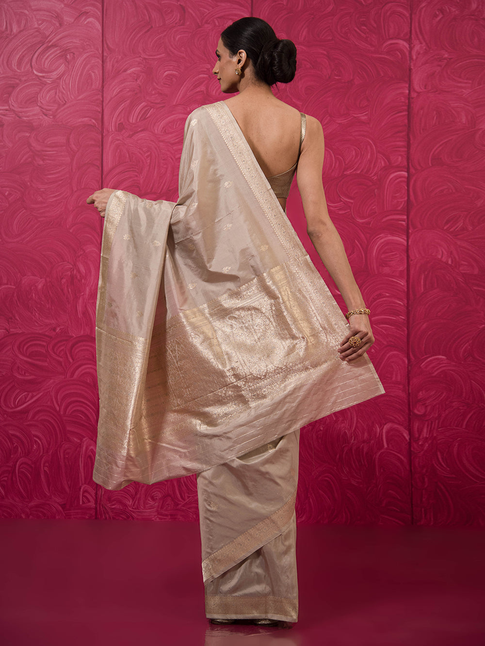 Beige Booti Katan Silk Handloom Banarasi Saree - Sacred Weaves