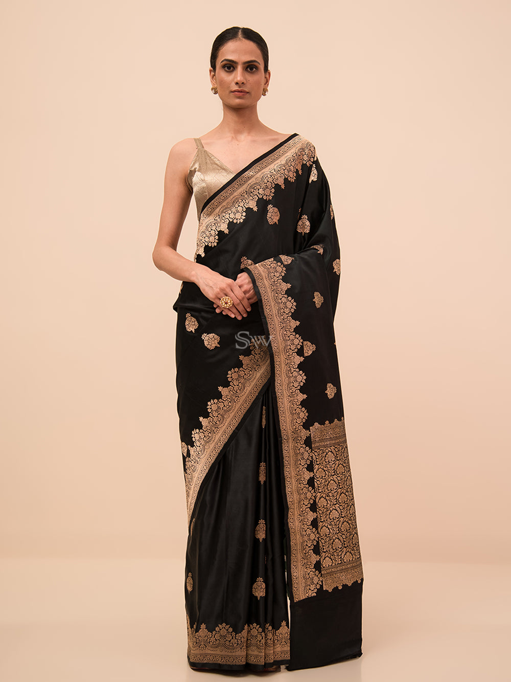 Black Green Boota Satin Silk Handloom Banarasi Saree - Sacred Weaves