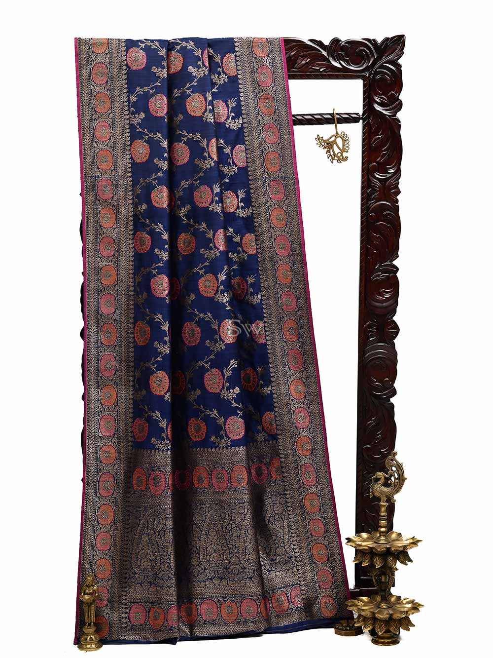 Navy Blue Meenakari Jaal Dupion Silk Handloom Banarasi Saree - Sacred Weaves