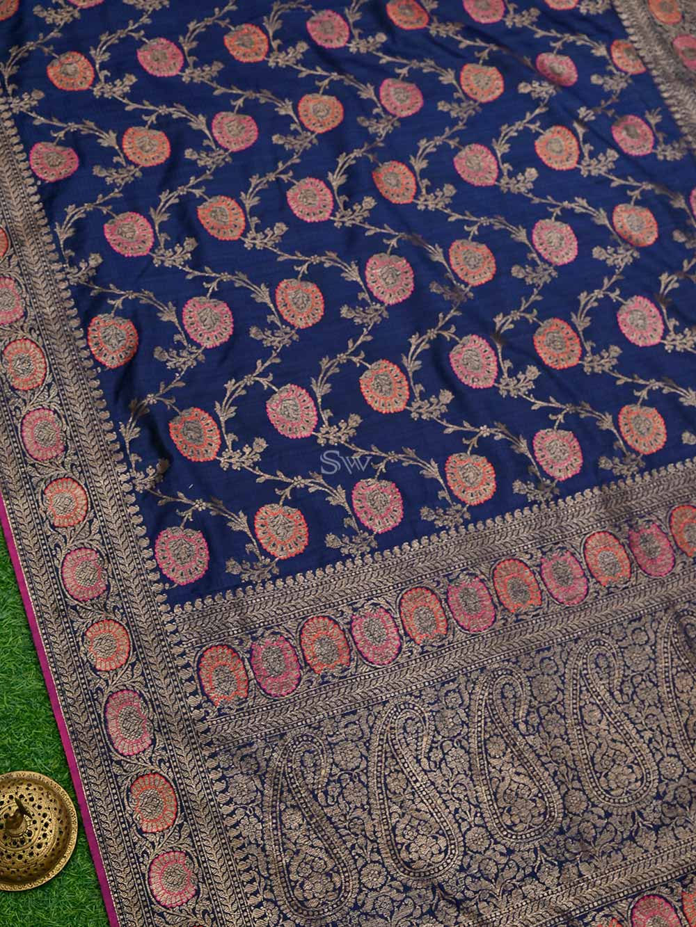 Navy Blue Meenakari Jaal Dupion Silk Handloom Banarasi Saree - Sacred Weaves