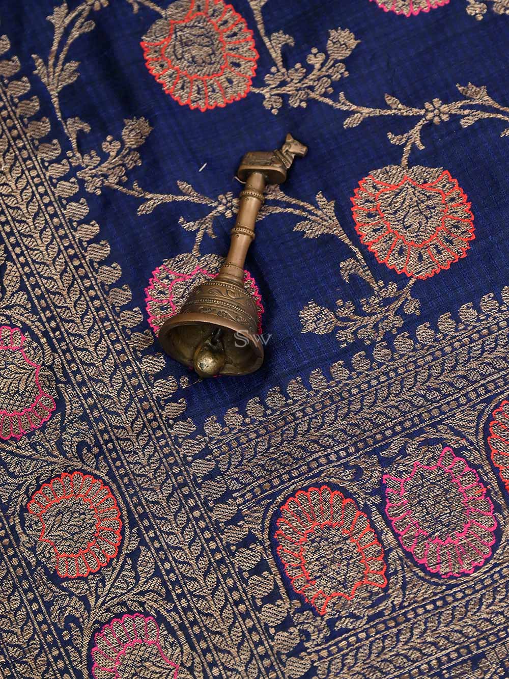 Navy Blue Meenakari Jaal Dupion Silk Handloom Banarasi Saree - Sacred Weaves