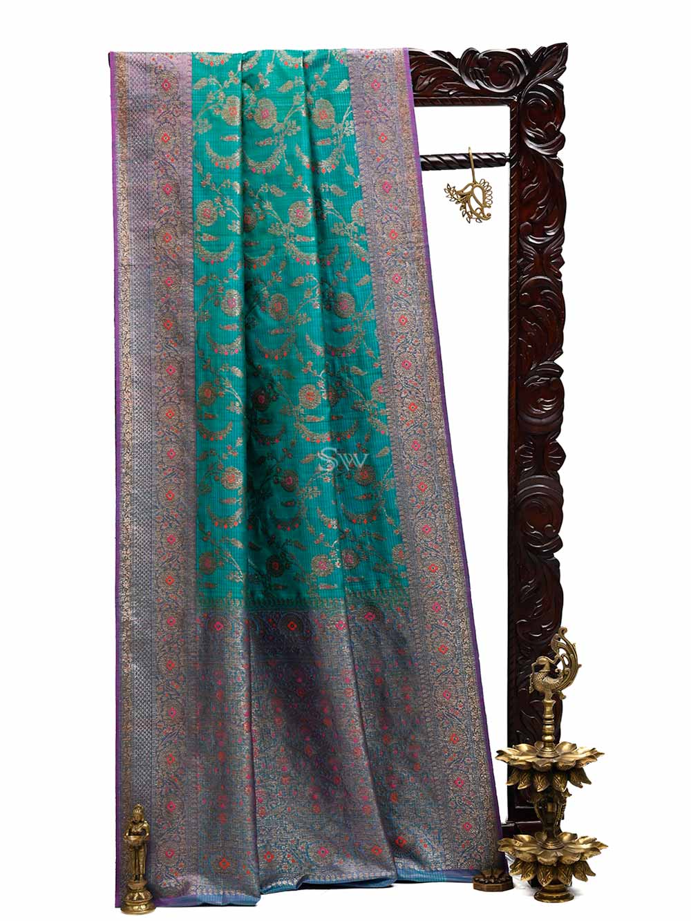 Sea Green Meenakari Jaal Dupion Silk Handloom Banarasi Saree - Sacred Weaves