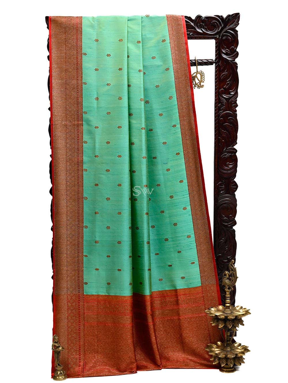 Aqua Green Booti Dupion Silk Handloom Banarasi Saree - Sacred Weaves