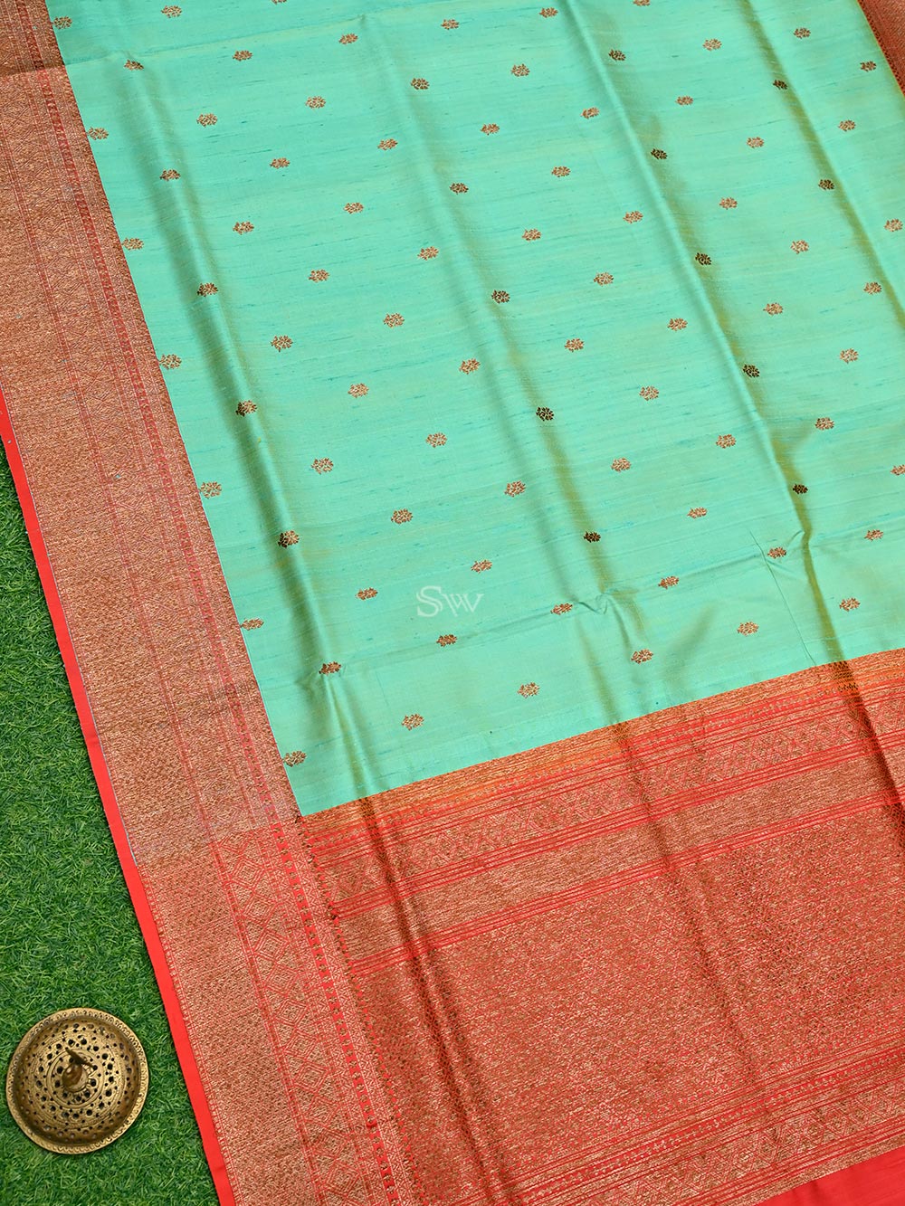 Aqua Green Booti Dupion Silk Handloom Banarasi Saree - Sacred Weaves