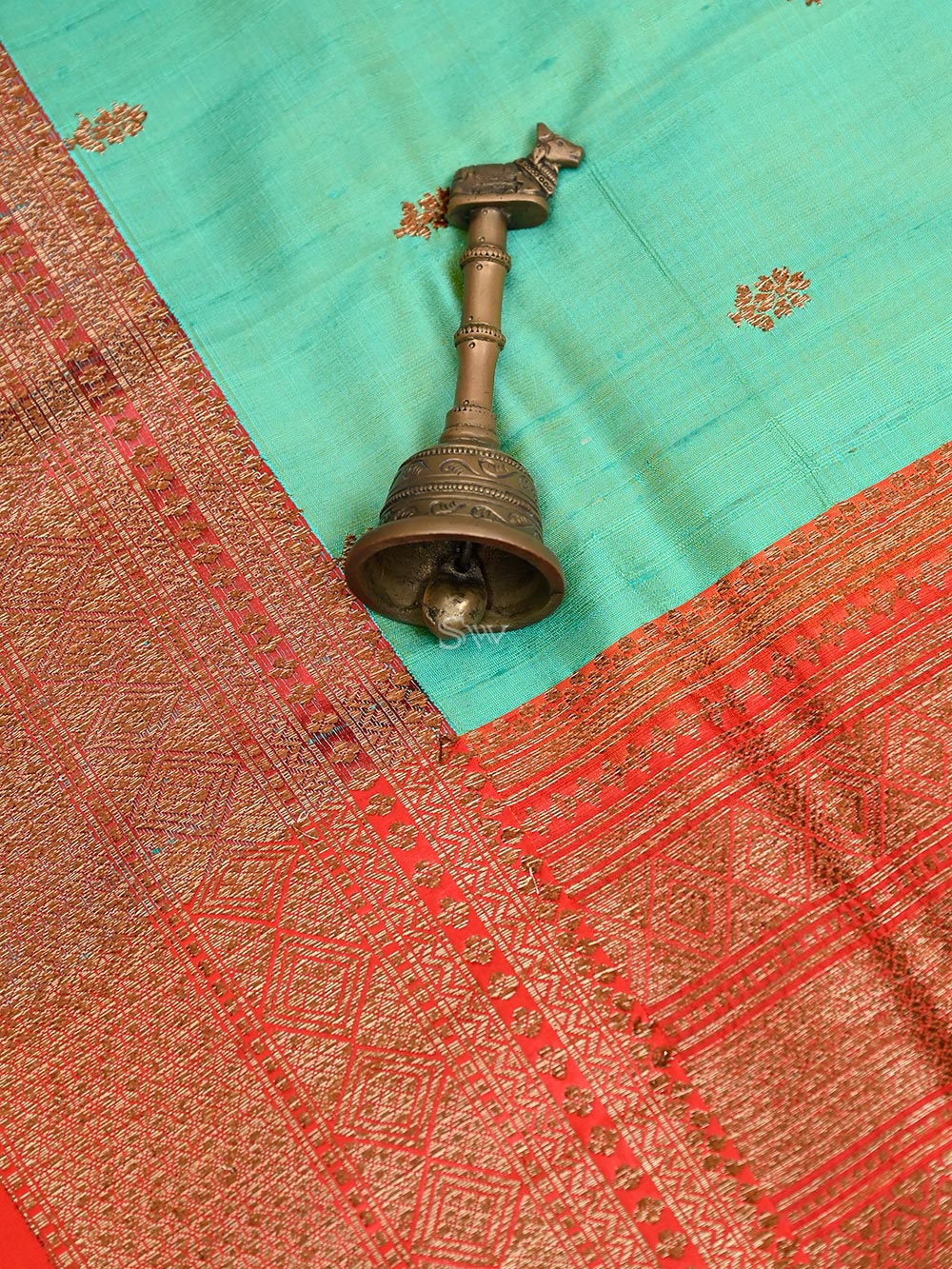 Aqua Green Booti Dupion Silk Handloom Banarasi Saree - Sacred Weaves