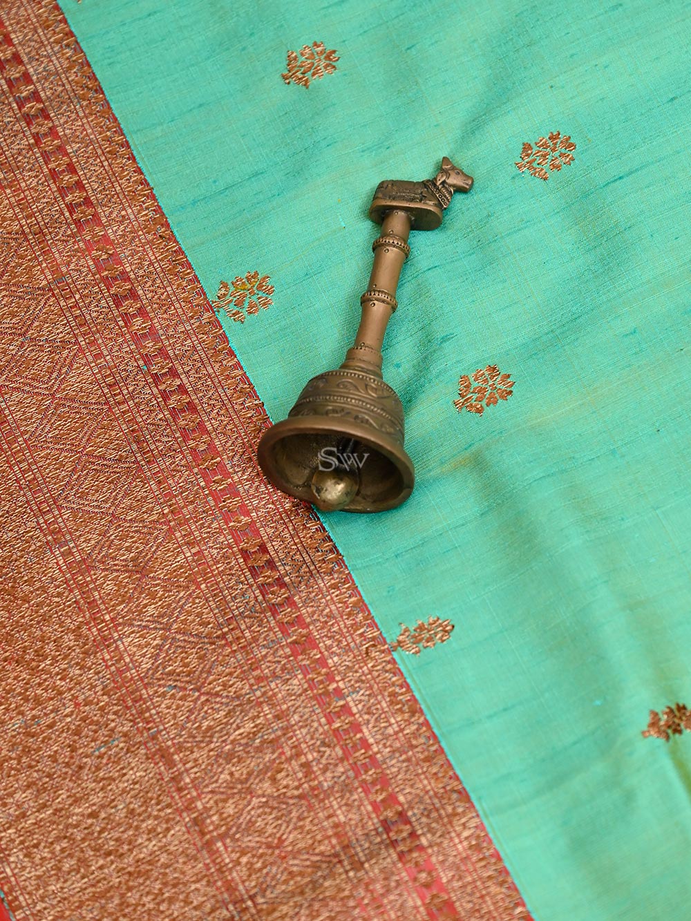 Aqua Green Booti Dupion Silk Handloom Banarasi Saree - Sacred Weaves