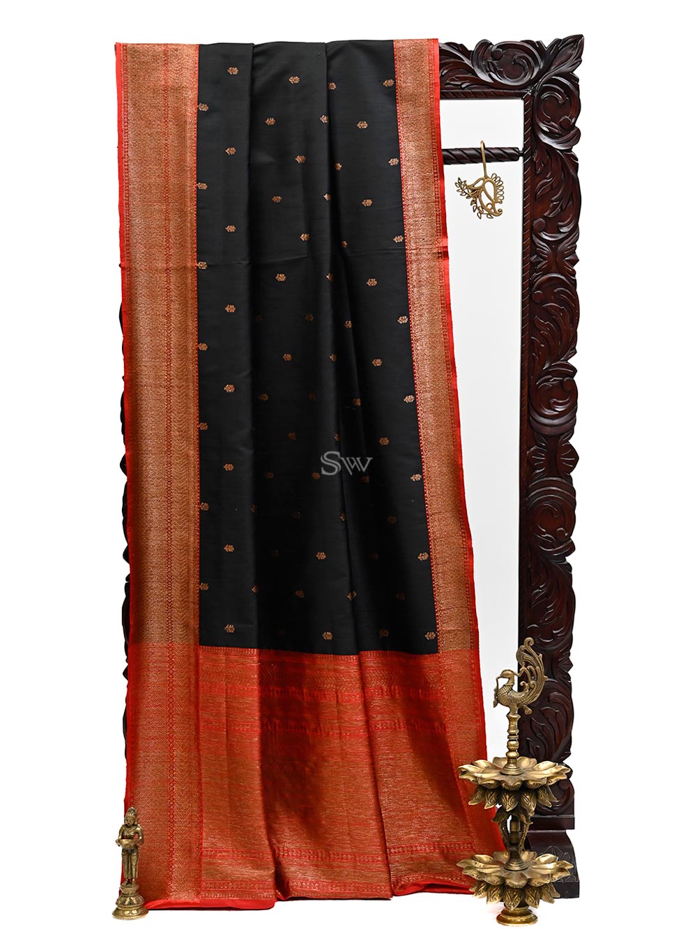 Black Booti Dupion Silk Handloom Banarasi Saree - Sacred Weaves