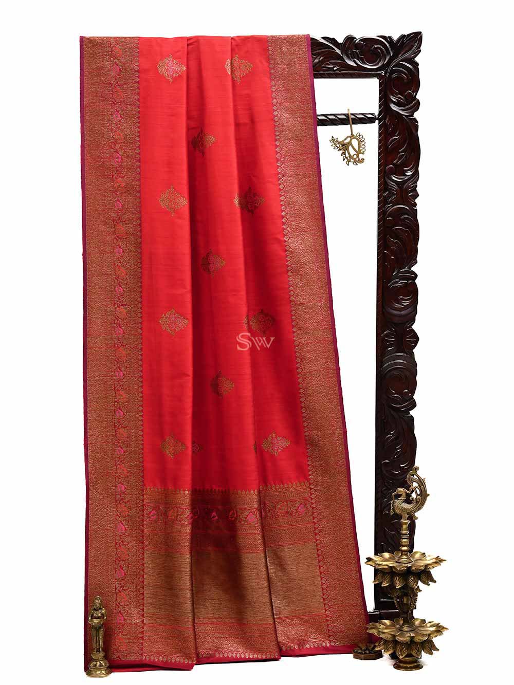Red Meenakari Boota Dupion Silk Handloom Banarasi Saree - Sacred Weaves