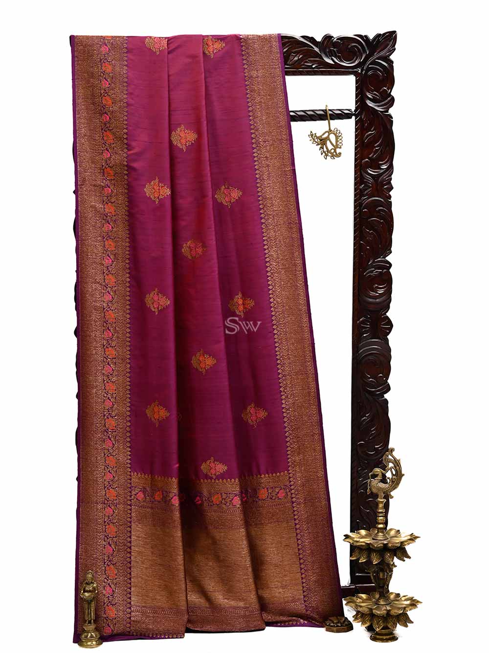 Magenta Meenakari Boota Dupion Silk Handloom Banarasi Saree - Sacred Weaves