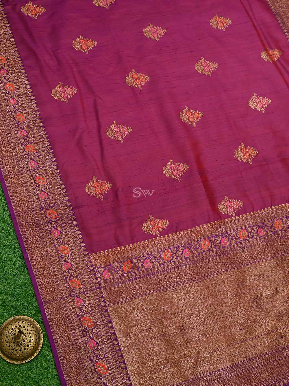 Magenta Meenakari Boota Dupion Silk Handloom Banarasi Saree - Sacred Weaves
