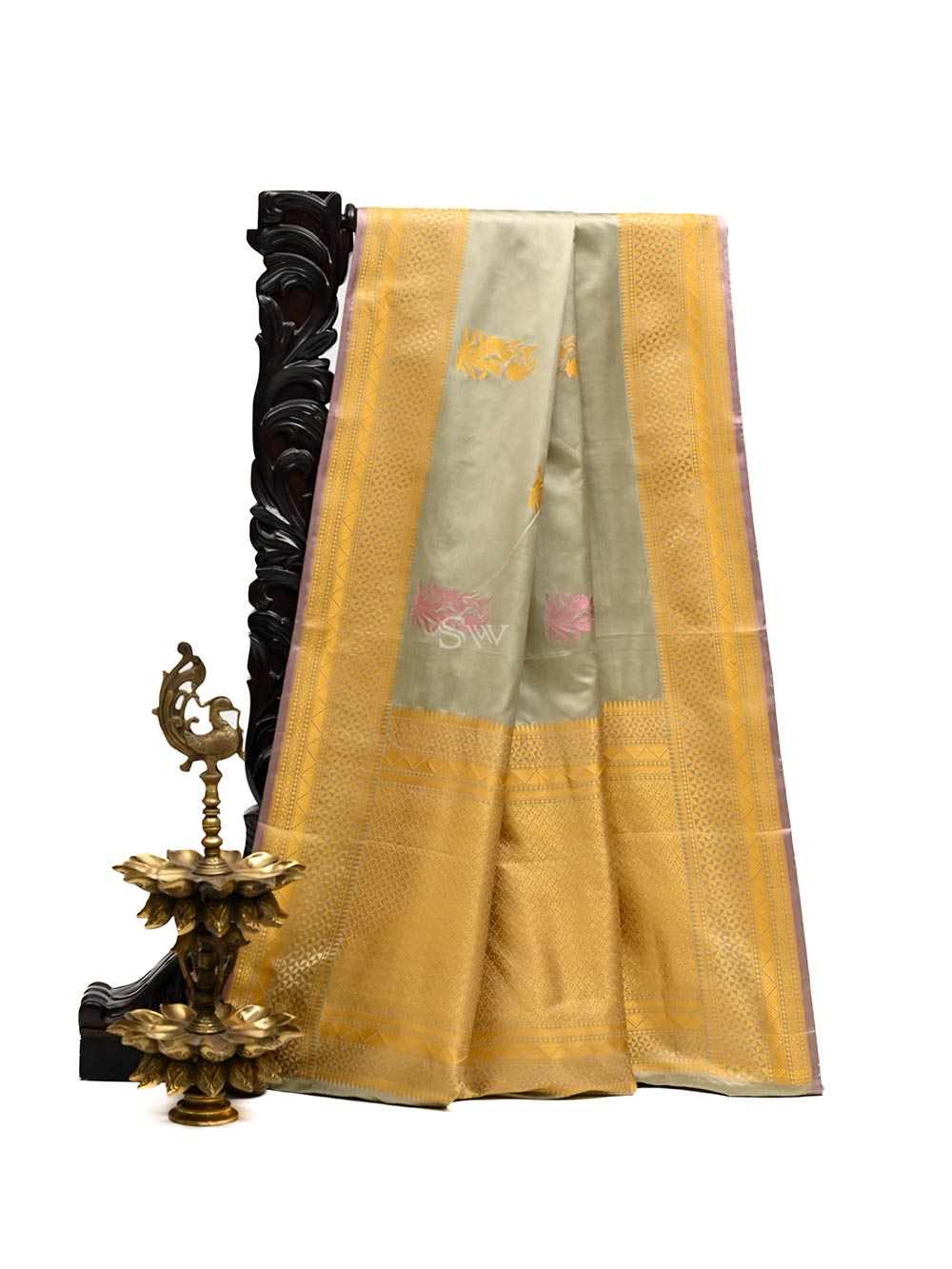 Pastel Olive Green Meenakari Boota Satin Silk Handloom Banarasi Saree - Sacred Weaves