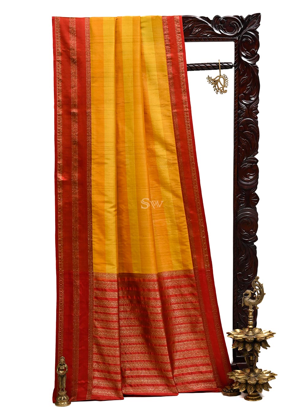 Mustard Orange Tussar Silk Handloom Banarasi Saree - Sacred Weaves