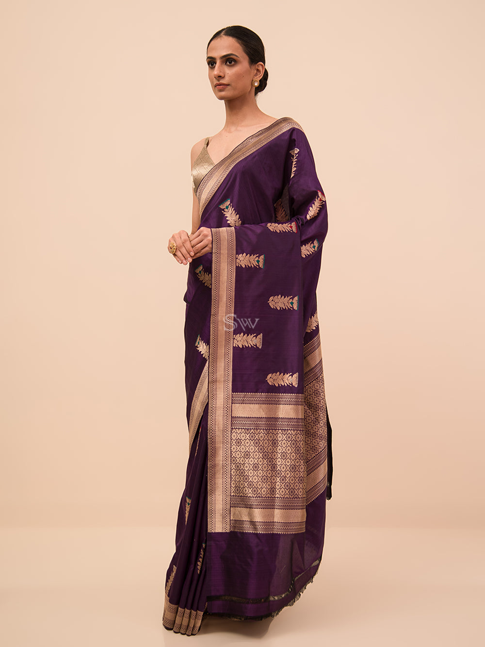 Purple Meenakari Booti Katan Silk Handloom Banarasi Saree - Sacred Weaves
