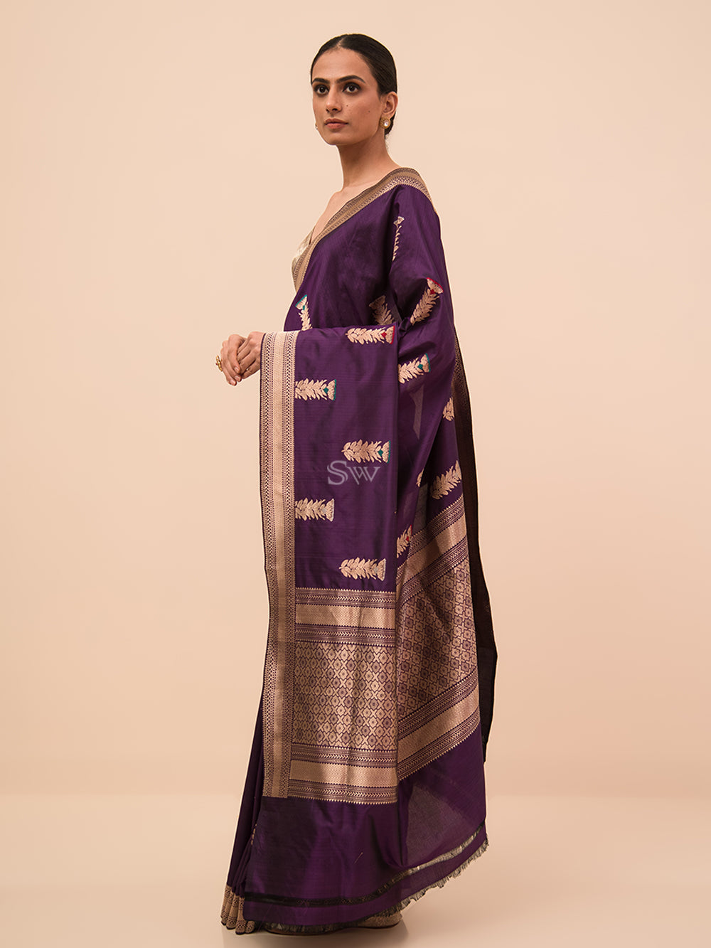 Purple Meenakari Booti Katan Silk Handloom Banarasi Saree - Sacred Weaves