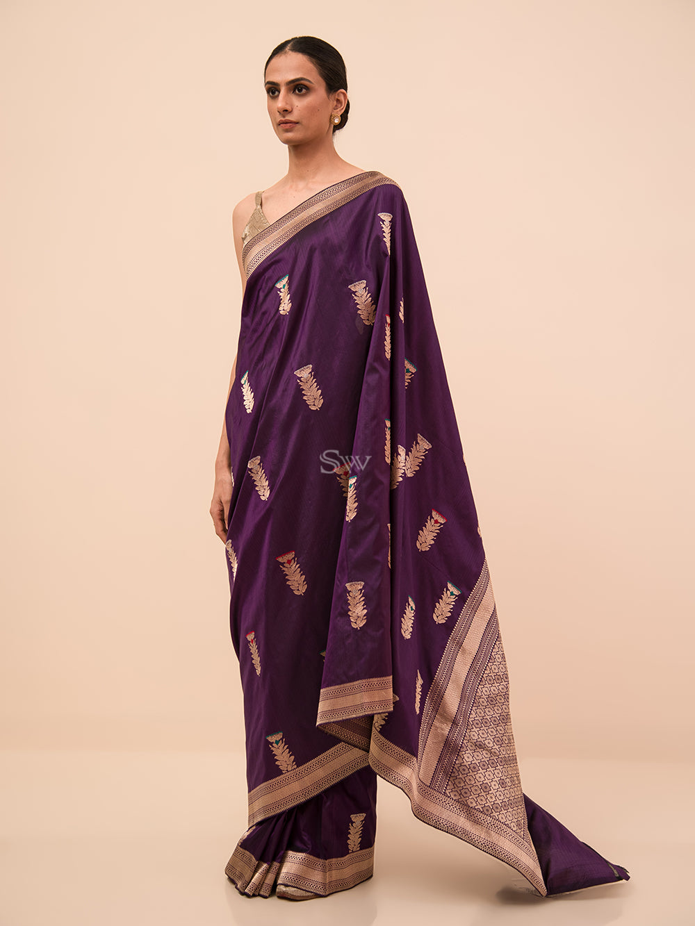Purple Meenakari Booti Katan Silk Handloom Banarasi Saree - Sacred Weaves